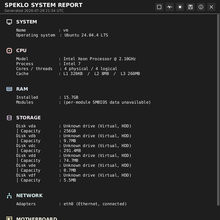 The same Speklo report in the dark theme