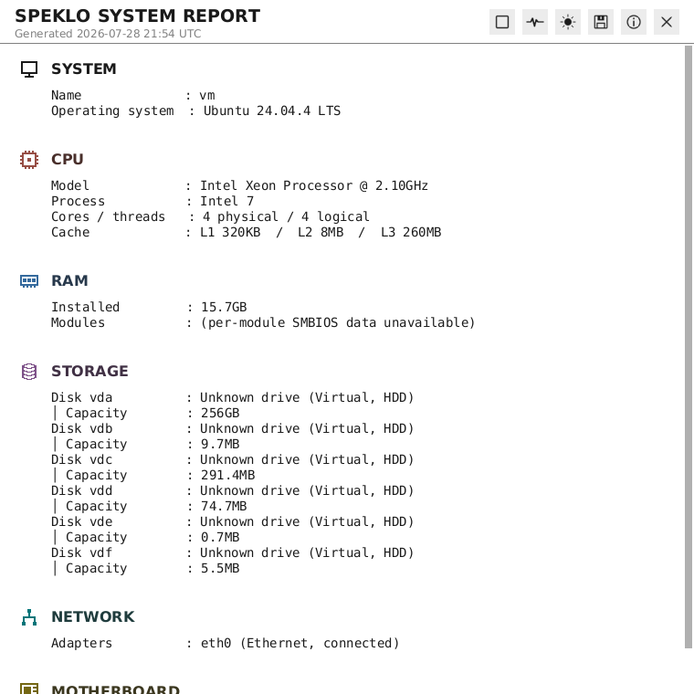 The Speklo report window, light theme: sections for system, CPU, RAM, storage and network, each fact on its own line